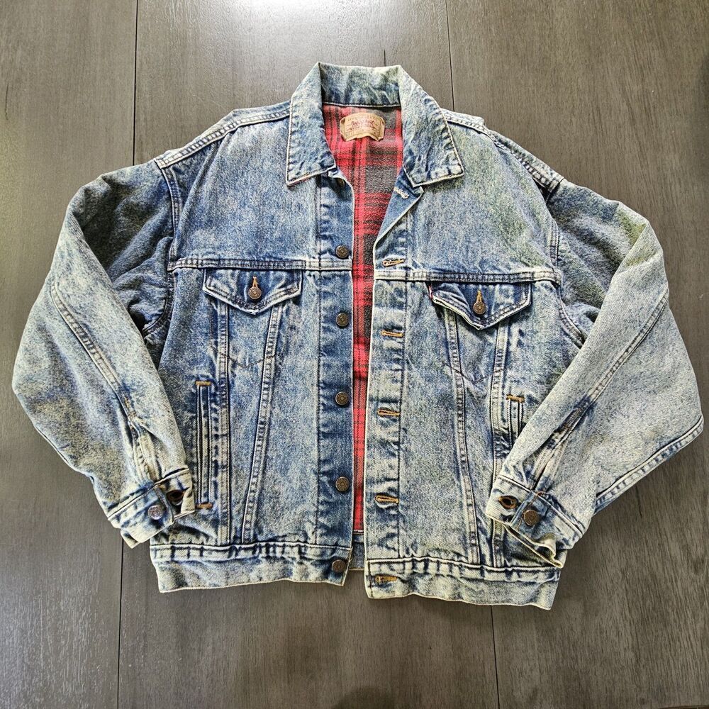 Vtg Levis 70417 9319 Blue Acid Wash Trucker Jacket Buffalo Plaid Lined Size M